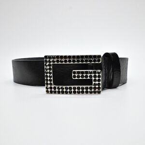 Vintage GUESS Brand‎ Womens Belt Black Genuine Leather Stones Bling G Logo SMALL